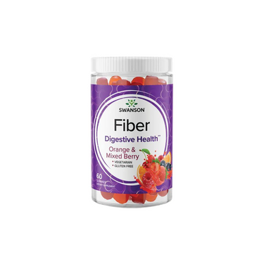 Swanson Fiber 5000 mg 60 Gummies, Orange & Mixed Berry Flavour, provide a tasty vegetarian, gluten-free fiber supplement for digestive health in a clear plastic bottle.